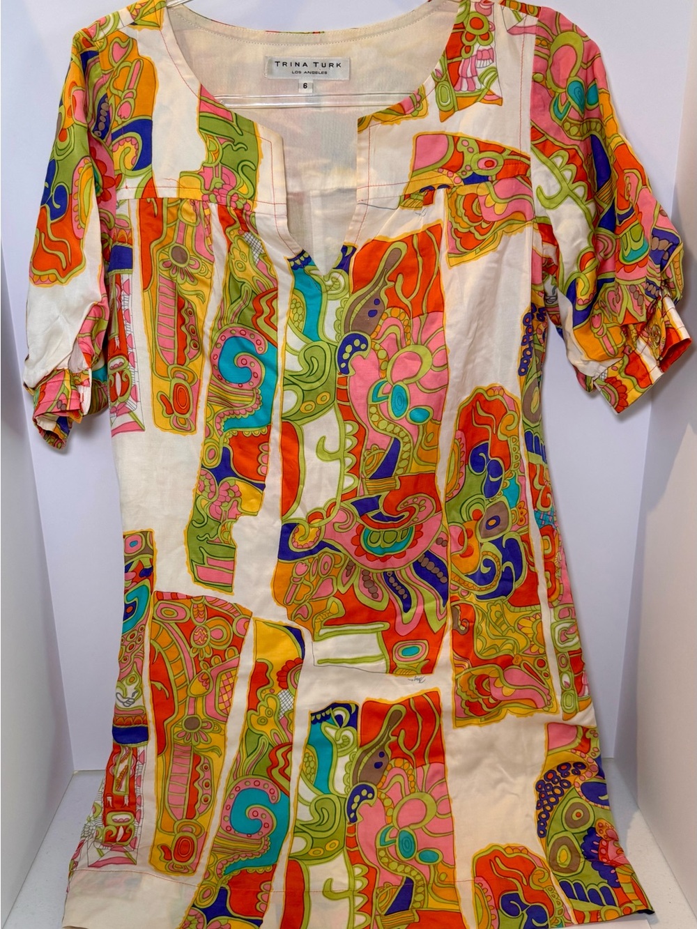 Trina Turk Colorful Abstract Print Dress Short Sleeve Shift Mini Retro Boho